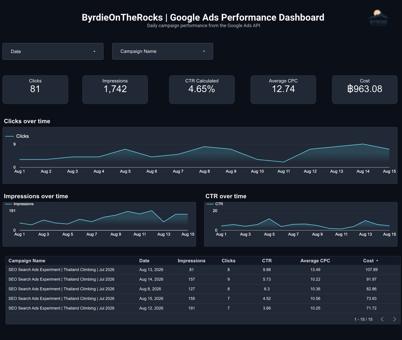 Google Ads performance breakdown dashboard